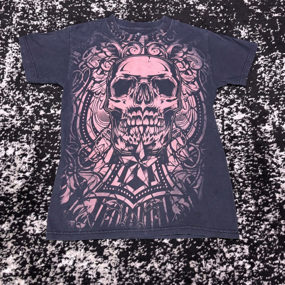 Chuck Liddell MMA Elite Skull Graphic T-Shirt Black Pink Y2K Emo Skater Mens